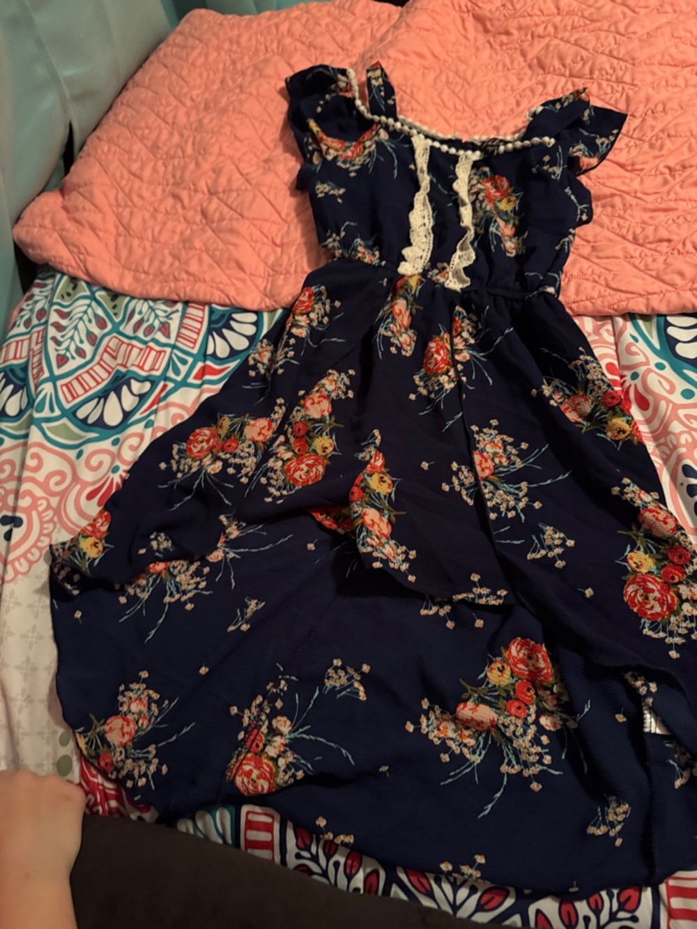 Navy Floral Lace-Trim Midi Dress